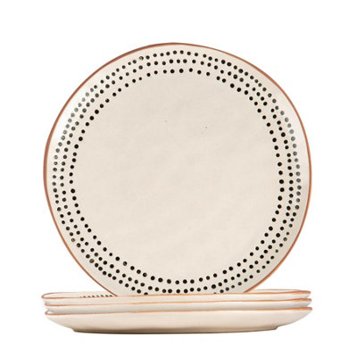 Nicola Spring - Spotted Rim Stoneware Dinner Plates - 26cm - Monochrome - Pack of 4