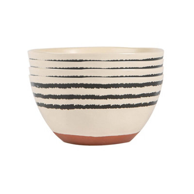 Nicola Spring - Stripe Rim Stoneware Cereal Bowls - 15cm - Monochrome - Pack of 4