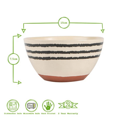 Nicola Spring - Stripe Rim Stoneware Cereal Bowls - 15cm - Monochrome - Pack of 4