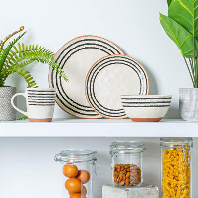Nicola Spring - Stripe Rim Stoneware Cereal Bowls - 15cm - Monochrome - Pack of 4