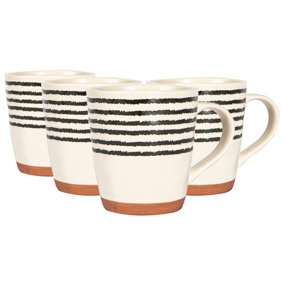Nicola Spring - Stripe Rim Stoneware Coffee Mugs - 360ml - Monochrome - Pack of 4