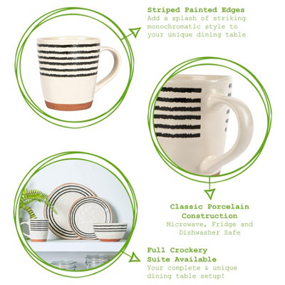 Nicola Spring - Stripe Rim Stoneware Coffee Mugs - 360ml - Monochrome - Pack of 4