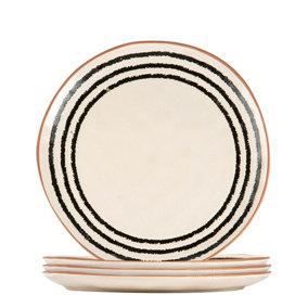 Nicola Spring - Stripe Rim Stoneware Dinner Plates - 26cm - Monochrome - Pack of 4