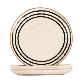 Nicola Spring - Stripe Rim Stoneware Side Plates - 20.5cm - Monochrome - Pack of 4