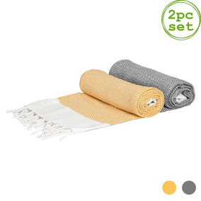 Nicola Spring - Turkish Cotton Zig Zag Bath Towels - 168 x 86cm - Grey/Yellow - Pack of 2
