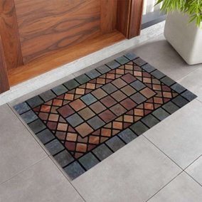 Nicoman Elegant Tile Mat Barrier Doormat Eco-Friendly Non-Slip Indoor/Outdoor Door Mat, Rectangular 60x40cm, Blue Border