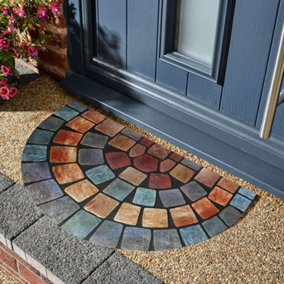 Nicoman Elegant Tile Mat Barrier Doormat Eco-Friendly Scrape and Non-Slip Indoor/Outdoor Door Mat, Half Moon 75x44cm, Blue Border