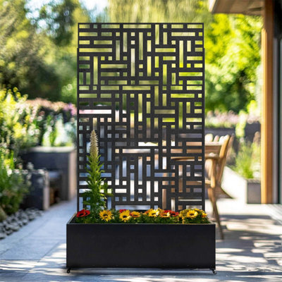 Nicoman Metal Outdoor Privacy Screen with Plant Pot Geometric Garden Divider - Black