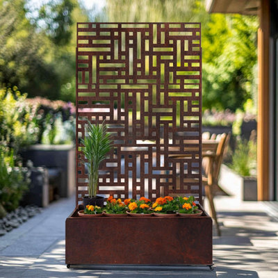 Nicoman Metal Outdoor Privacy Screen with Plant Pot Geometric Garden  Divider - Pre Rusted