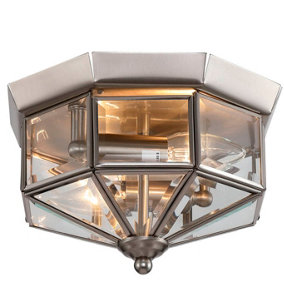 nielsen Rowner 2 Light Satin Silver Octagonal Flush Mount Light for Internal Porch, 25cm Wide