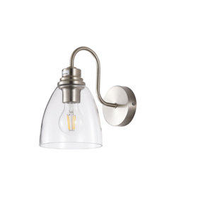 nielsen Sway Timeless IP44 rated bathroom wall light. Finished in Satin Silver with clear glass shade.