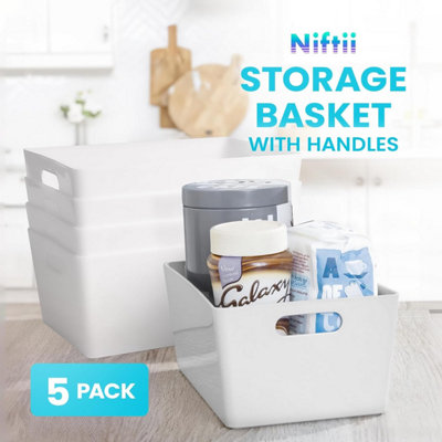 Niftii 5-Pack White Plastic Storage Baskets with Sturdy Handles, Lightweight & Durable Design 3.9L Capacity, 17 x 25 x 11cm