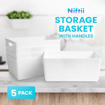 Niftii 5-Pack White Plastic Storage Baskets with Sturdy Handles, Lightweight & Durable Design 3.9L Capacity, 17 x 25 x 11cm