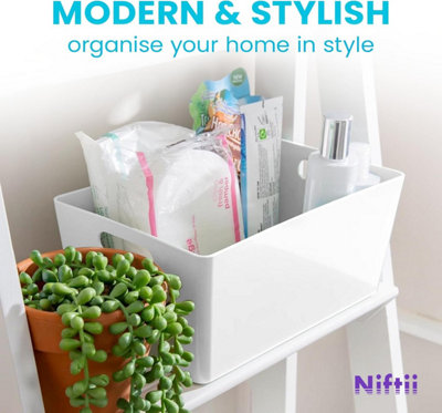 Niftii 5-Pack White Plastic Storage Baskets with Sturdy Handles, Lightweight & Durable Design 3.9L Capacity, 17 x 25 x 11cm