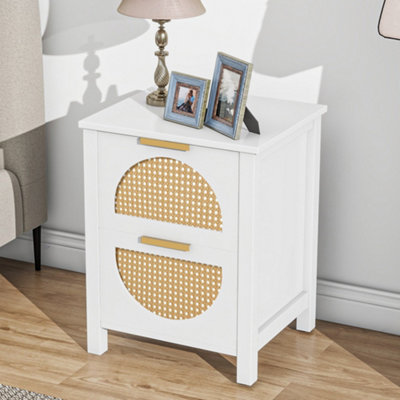 Nightstand Table Bedside Cabinet with 2 Rattan Drawers Wooden Accent Side Table