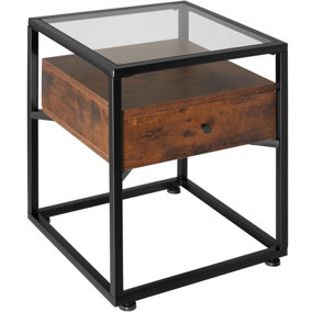 Nightstand with glass surface and drawer - Industrial wood dark, rustic