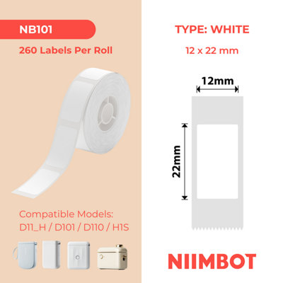 NIIMBOT D Range 12x22mm White Thermal Labels, Roll of 250