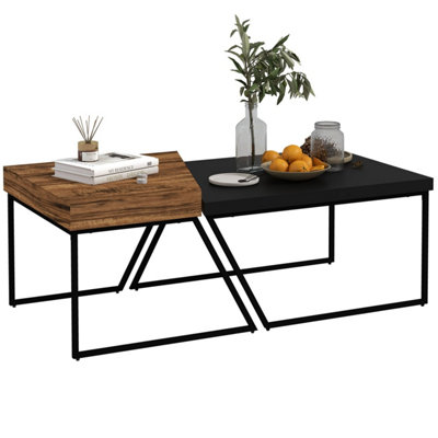 Nimolo Elel Set of 2 Industrial Nesting Coffee Tables - Rustic Brown and Black, Thick Tops, Hairpin Legs