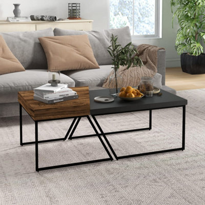 Nimolo Elel Set of 2 Industrial Nesting Coffee Tables - Rustic Brown and Black, Thick Tops, Hairpin Legs