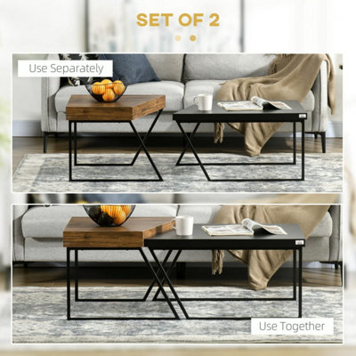 Nimolo Elel Set of 2 Industrial Nesting Coffee Tables - Rustic Brown and Black, Thick Tops, Hairpin Legs