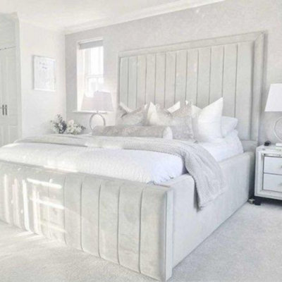 Nina Extra Tall Headboard Bed - Modern Lined Panel Design with Metal ...