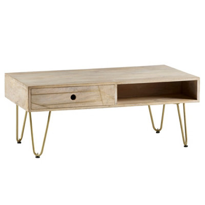 Nirvana Light Mango Wood Metal Legs 1 Drawer And Shelf Rectangular Coffee Table