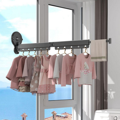 No-Drill Wall-Mounted Folding Clothes Drying Rack Vacuum Suction 360 Adjustable Telescopic Pull-Out Bar Rust-Resistant Aluminium