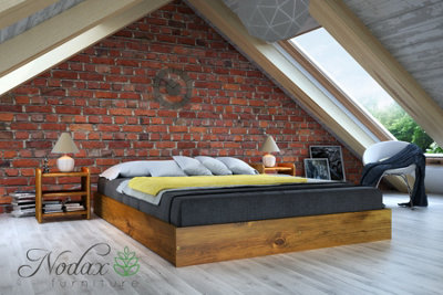 Nodax Double Size Bed Frame, 4ft 6in, 135x190cm, F9, Solid Pine Wood, Easy Assembly, Sturdy Slats & 4x Support Legs, OAK finish