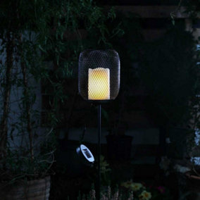 Noma Solar Black Mesh Cage Style Stake Light Candle Lantern Garden LED
