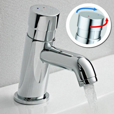 Non Concussive Push Down Self Closing Round Chrome Basin Mono Mixer Tap Hot Cold