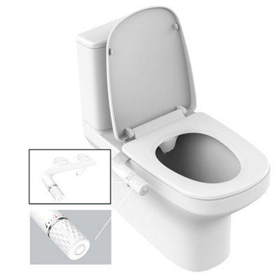 GenieBidet Elongated Bidet Seat Dual Nozzles Self Cleaning Bidet with Adjustable Water Pressure - No Wiring Easy Installation - White