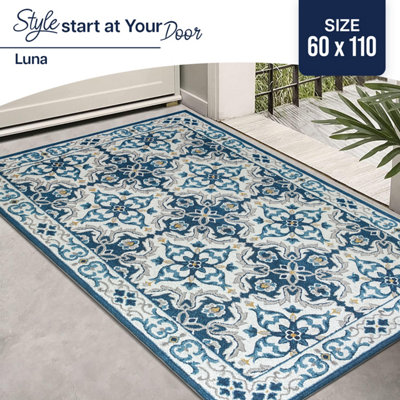 Non-Slip 60 x 110 cm Entrance Blue Rug Modern Traditional Pattern ...