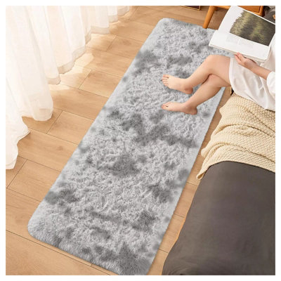 Non Slip Rugs Bedroom Living Room Shaggy Fluffy Kitchen Hallway Runner Large Floor Mat Tye Dye Light Grey