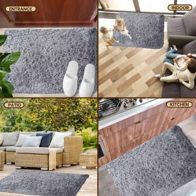 Non Slip Shaggy Door Mats Large Grey Anti Allergic Bath Mat Soft Fluffy Floor Mats