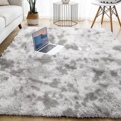 Non Slip Shaggy Fluffy Area Rug Large Living Room Bedroom Tye Dye Light ...