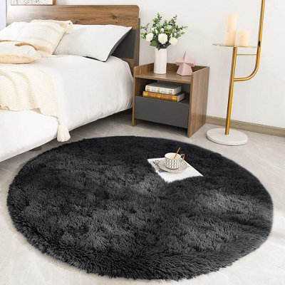Non Slip Soft Shaggy Fluffy Rug Round Area Black Plain Rugs Living Room ...