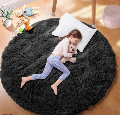 Non Slip Soft Shaggy Fluffy Rug Round Black Area Rug Living Room Bedroom Carpets