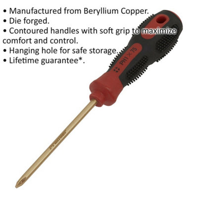Non-Sparking Phillips Screwdriver - Number 1 x 75mm - Soft Grip Handle - Die Forged