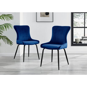 Nora Deep Padded Luxurious Dining Chairs Upholstered In Soft Blue Velvet With Black Legs (Set of 2)