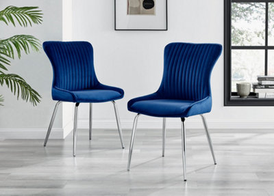 Nora Deep Padded Luxurious Dining Chairs Upholstered In Soft Blue Velvet With Chrome Legs (Set of 2)