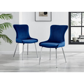 Nora Deep Padded Luxurious Dining Chairs Upholstered In Soft Blue Velvet With Chrome Legs (Set of 2)