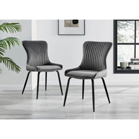Nora Deep Padded Luxurious Dining Chairs Upholstered In Soft Dark Grey Velvet With Black Legs (Set of 2)