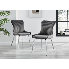 Nora Deep Padded Luxurious Dining Chairs Upholstered In Soft Dark Grey Velvet With Chrome Legs (Set of 2)