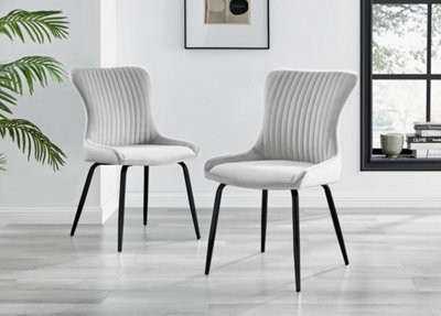 Nora Deep Padded Luxurious Dining Chairs Upholstered In Soft Light Grey Velvet With Black Legs (Set of 2)