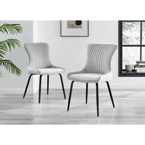 Nora Deep Padded Luxurious Dining Chairs Upholstered In Soft Light Grey Velvet With Black Legs (Set of 2)