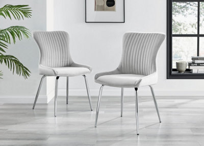 Nora Deep Padded Luxurious Dining Chairs Upholstered In Soft Light Grey Velvet With Chrome Legs (Set of 2)