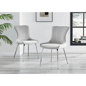 Nora Deep Padded Luxurious Dining Chairs Upholstered In Soft Light Grey Velvet With Chrome Legs (Set of 2)