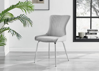 Nora Deep Padded Luxurious Dining Chairs Upholstered In Soft Light Grey  Velvet With Chrome Legs (Set