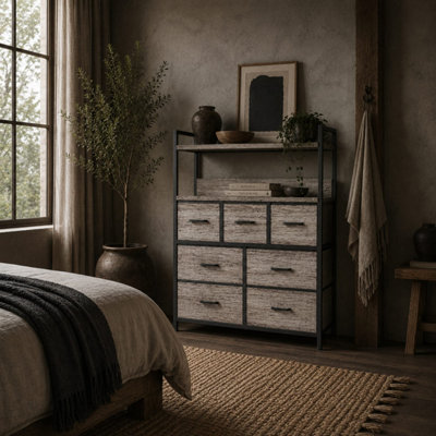 Norale 7-Drawer Fabric and Wood Chest Grey Wood-Effect, Steel Frame ...