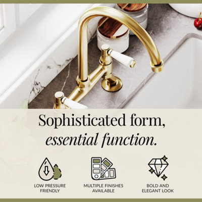 Norbury Traditional Bridge Mixer Kitchen Tap with Lever Handles - Brushed Brass